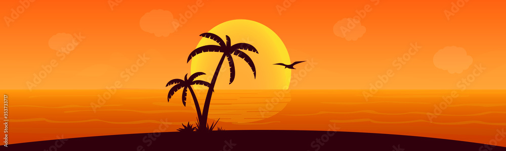 Palm trees sea sand Reflection of the sun in the water Sunset Sunrise