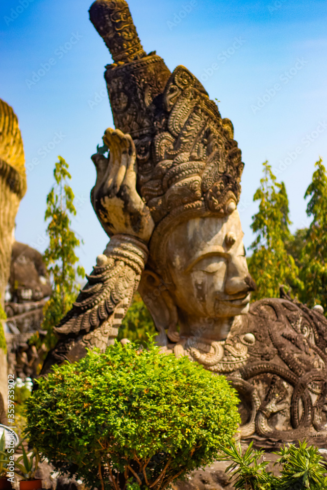 A beautiful view of statues in Buddha Park at Nong Khai, Thailand.