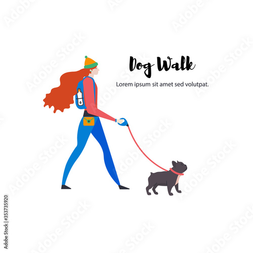Сartoon style icons of french bulldog, personal dog-walker with text. Cute girl and pet outdoors.