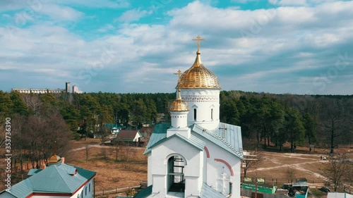 Aerial drone view. Church of St. Alexander Nevsky in recreation area 