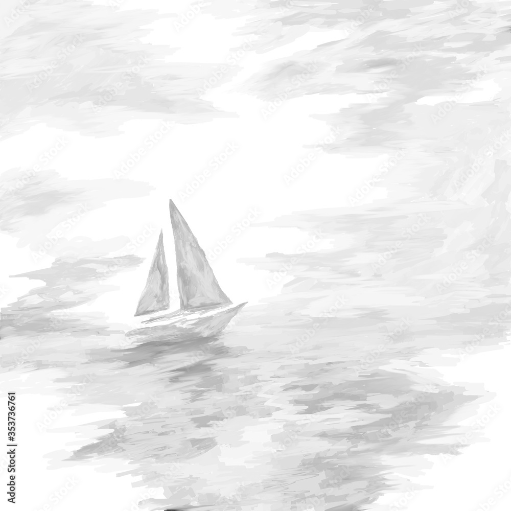 Sailing Off Into the Fresh Sunrise - Grayscale Illustration