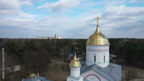 Aerial drone view. Church of St. Alexander Nevsky in recreation area 