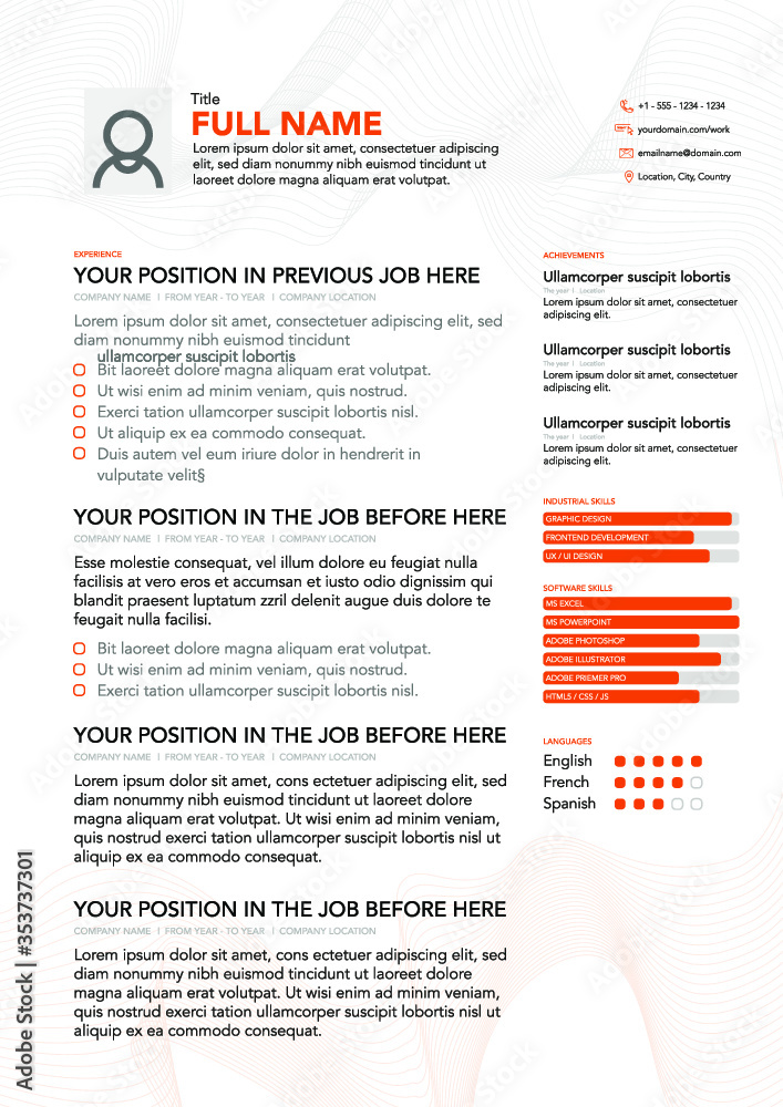 Modern, professiona and corporatel CV resume application design in orange and black with minimal design in the background