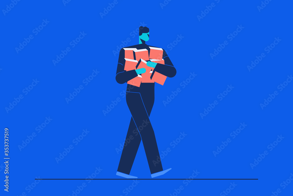 Abstract character carrying a lot of boxes in his hands. Person without any specific race or ethnicity. Corporate style illustration made of simple shapes. Abstract character carrying a lot of boxes in his hands. Person without any specific race or ethnicity. Corporate style illustration made of simple shapes.
