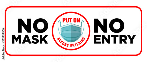 Door plate on the facade door. No mask no entry. Put on a face mask before entrance. Preventive measure against infection with COVID-19 (coronavirus). Illustration, vector