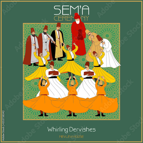 Dervishes vector poster. Symbolic study of Mevlevi mystical dance. This painting represents a movement of this dance.