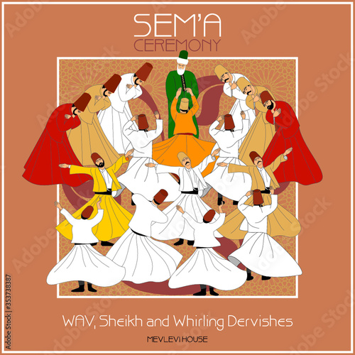 Dervishes vector poster. Symbolic study of Mevlevi mystical dance. This painting represents a movement of this dance.