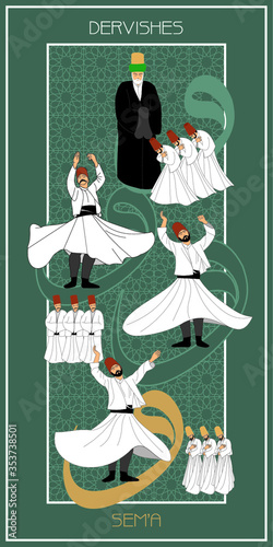 Dervishes vector poster. Symbolic study of Mevlevi mystical dance. This painting represents a movement of this dance.