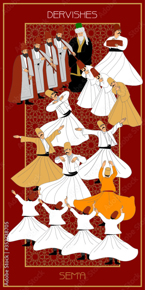 Dervishes vector poster. Symbolic study of Mevlevi mystical dance. This painting represents a movement of this dance.