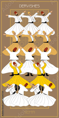 Dervishes vector poster. Symbolic study of Mevlevi mystical dance. This painting represents a movement of this dance.