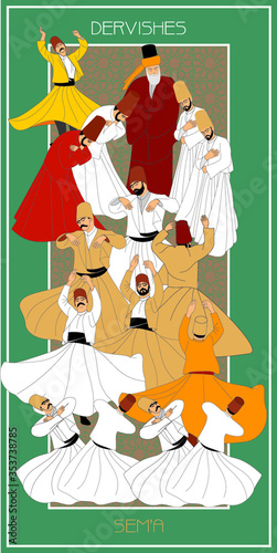Dervishes vector poster. Symbolic study of Mevlevi mystical dance. This painting represents a movement of this dance.