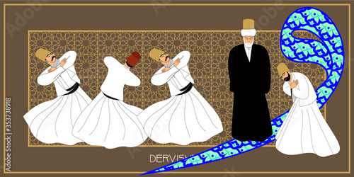 Dervishes vector poster. Symbolic study of Mevlevi mystical dance. This painting represents a movement of this dance.
