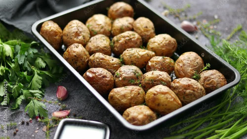 Tasty fresh homemade baked potatoes served on a metal tray. With various herbs, butter, garlic, salt Tasty fresh homemade baked potatoes served on a metal tray. With various herbs, butter, garlic, salt