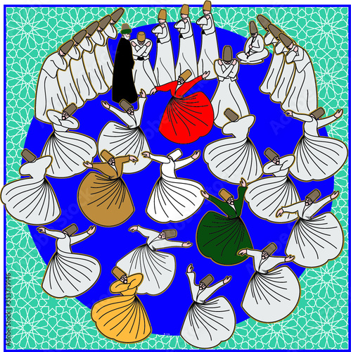Dervishes vector poster. Symbolic study of Mevlevi mystical dance. This painting represents a movement of this dance.
