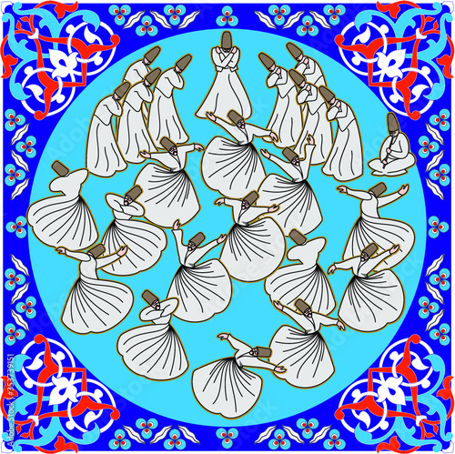 Dervishes vector poster. Symbolic study of Mevlevi mystical dance. This painting represents a movement of this dance.
