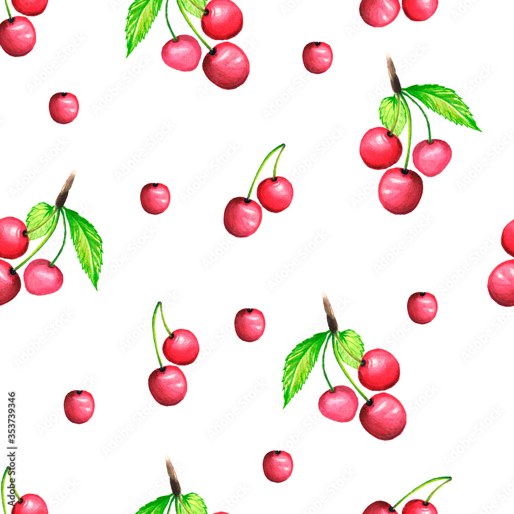 Pattern consists of cherry branches with a leaf, ripe berries burgundy color . Pattern consists of cherry branches with a leaf, ripe berries burgundy color .