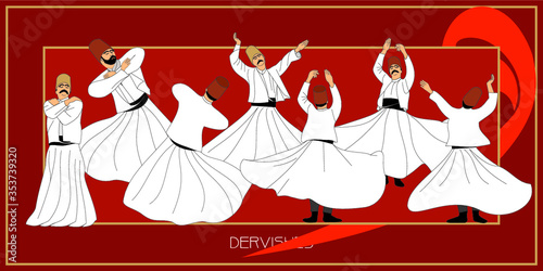 Whirling Dervishes Big vector poster. Symbolic study of Mevlevi mystical dance. This painting represents a movement of this dance.