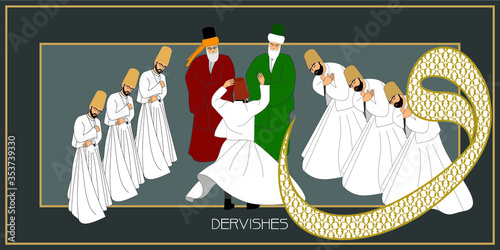 Whirling Dervishes Big vector poster. Symbolic study of Mevlevi mystical dance. This painting represents a movement of this dance.
