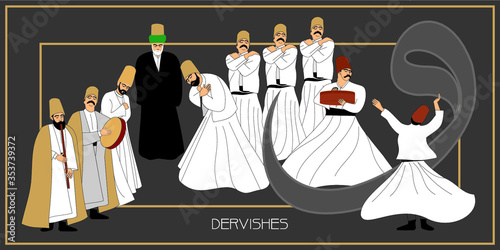 Whirling Dervishes Big vector poster. Symbolic study of Mevlevi mystical dance. This painting represents a movement of this dance.