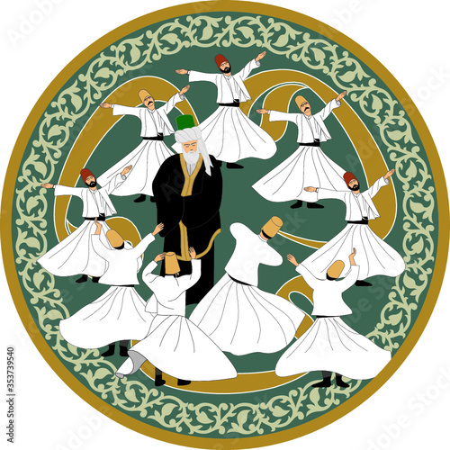 Whirling Dervishes Big vector poster. Symbolic study of Mevlevi mystical dance. This painting represents a movement of this dance.