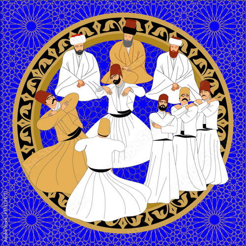 Whirling Dervishes Big vector poster. Symbolic study of Mevlevi mystical dance. This painting represents a movement of this dance.