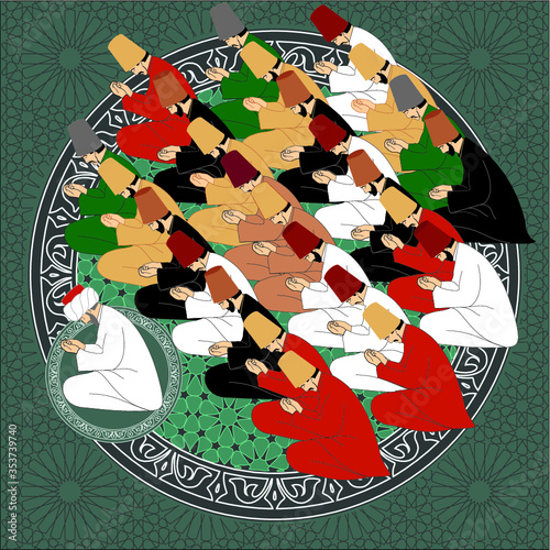Whirling Dervishes Big vector poster. Symbolic study of Mevlevi mystical dance. This painting represents a movement of this dance.