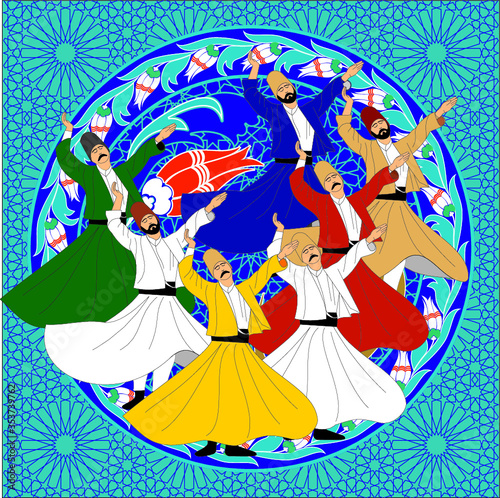 Whirling Dervishes Big vector poster. Symbolic study of Mevlevi mystical dance. This painting represents a movement of this dance.