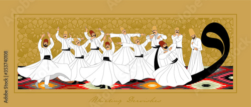 Whirling Dervishes Big vector poster. Symbolic study of Mevlevi mystical dance. This painting represents a movement of this dance.