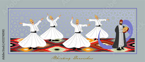 Whirling Dervishes Big vector poster. Symbolic study of Mevlevi mystical dance. This painting represents a movement of this dance.