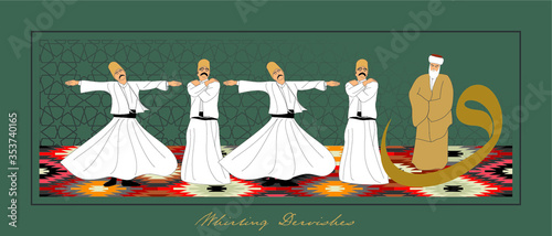 Whirling Dervishes Big vector poster. Symbolic study of Mevlevi mystical dance. This painting represents a movement of this dance.