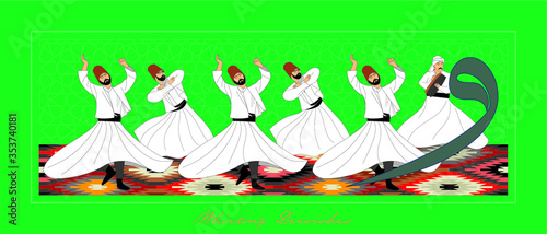 Whirling Dervishes Big vector poster. Symbolic study of Mevlevi mystical dance. This painting represents a movement of this dance.