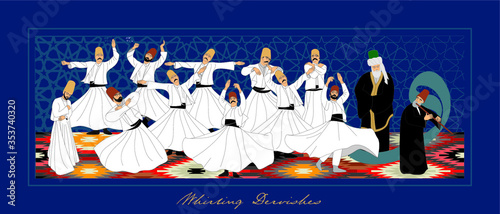 Whirling Dervishes Big vector poster. Symbolic study of Mevlevi mystical dance. This painting represents a movement of this dance.