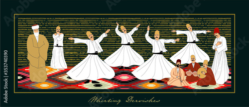 Whirling Dervishes Big vector poster. Symbolic study of Mevlevi mystical dance. This painting represents a movement of this dance.