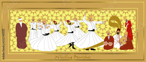 Whirling Dervishes Big vector poster. Symbolic study of Mevlevi mystical dance. This painting represents a movement of this dance.