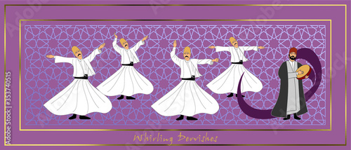 Whirling Dervishes Big vector poster. Symbolic study of Mevlevi mystical dance. This painting represents a movement of this dance.