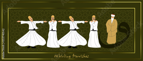 Whirling Dervishes Big vector poster. Symbolic study of Mevlevi mystical dance. This painting represents a movement of this dance.