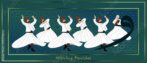 Whirling Dervishes Big vector poster. Symbolic study of Mevlevi mystical dance. This painting represents a movement of this dance.