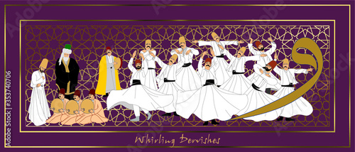 Whirling Dervishes Big vector poster. Symbolic study of Mevlevi mystical dance. This painting represents a movement of this dance.