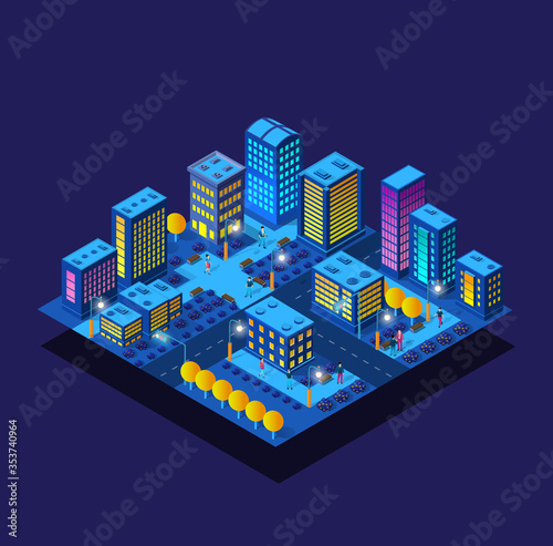 Isometric purple ultra landscape future city tree 3d illustration