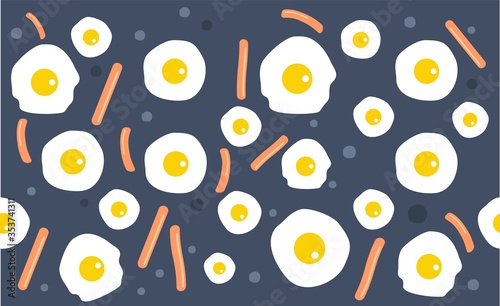Omelette and fried sausages seamless pattern. Fried eggs breakfast food background - vector illustration.