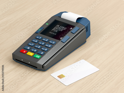 Credit card terminal and blank card on wooden desk