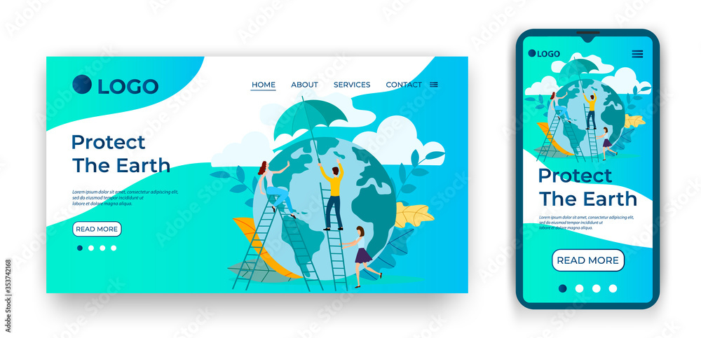 Protect The Earth.Template for the user interface of the website's home page.Landing page template.The adaptive design of the smartphone.vector illustration.