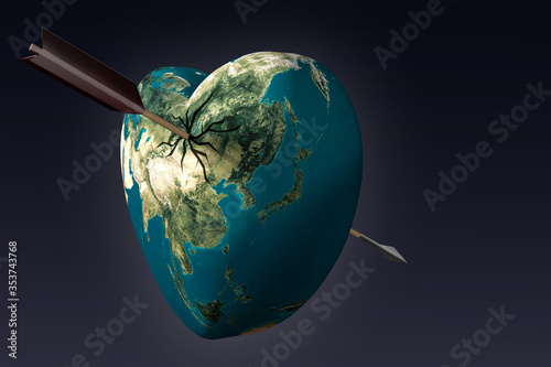 Planet earth in the form of a heart pierced by an arrow. 3D rendering.