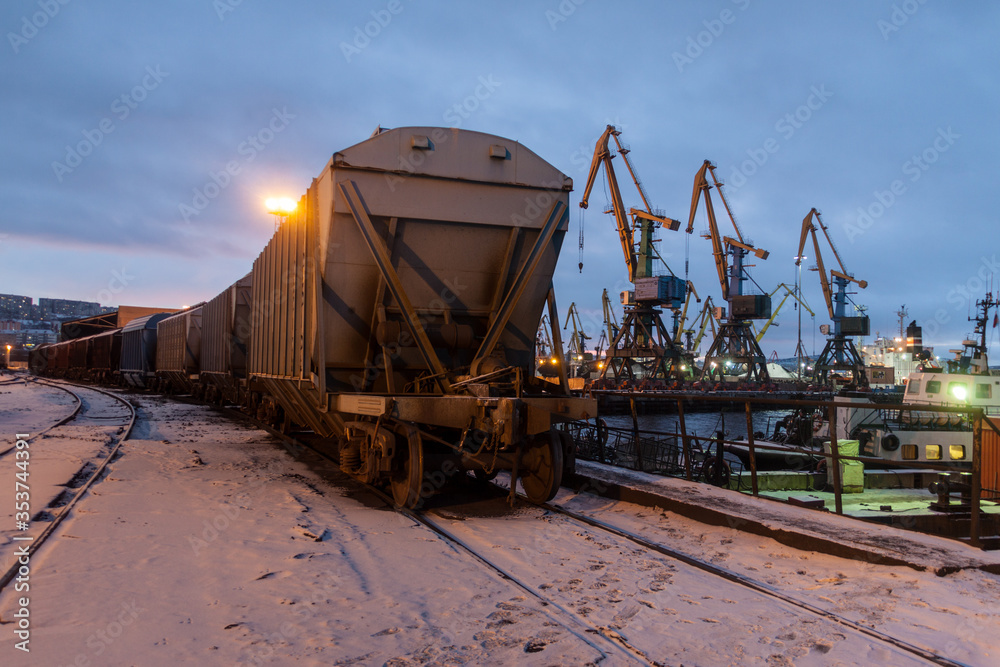 General view of the cargo port. Freight railroad cars await unloading near the coal terminal. Freight gantry cranes unload railroad freight cars