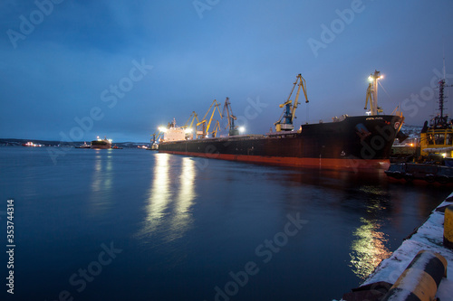 General view of the cargo port. Freight railroad cars await unloading near the coal terminal. Freight gantry cranes unload rail freight wagons into bulk carriers. Freight ships © Aleksandr