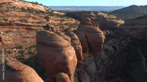 Early morning drone flight over red rock formations bang canyon near grand junction colorado photo