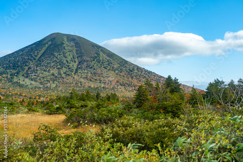 Mountain forest landscape under sky with clouds in sunny day. Mount Hakkoda, Towada Hachimantai National Park, Aomori, Japan © Shawn.ccf