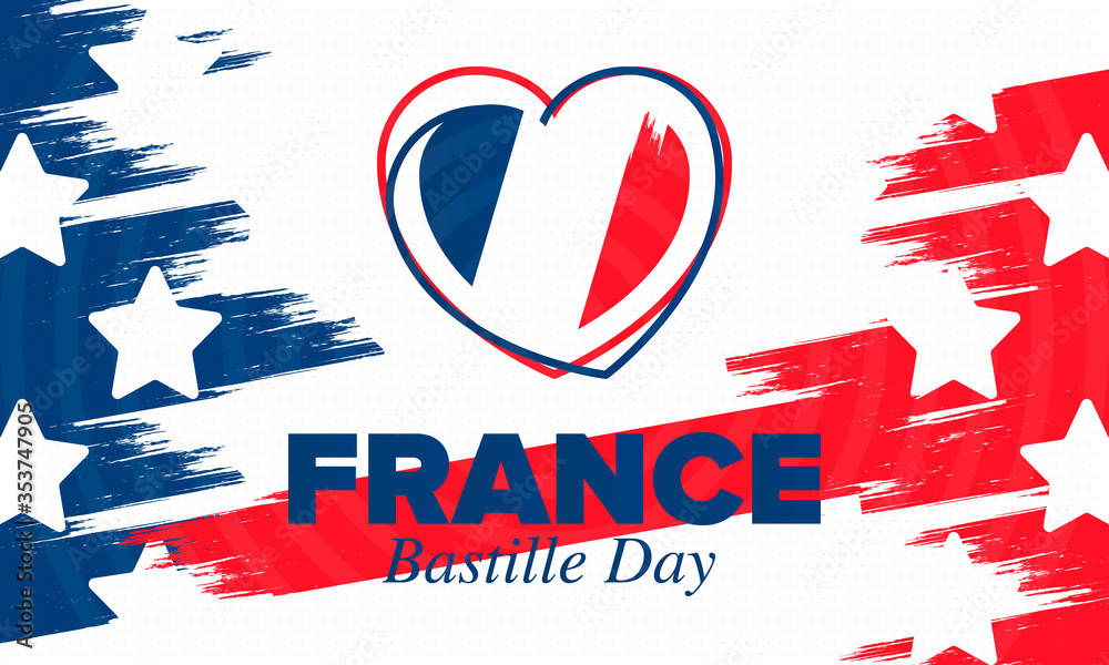 Obraz premium Bastille Day in France. National happy holiday, celebrated annual in July 14. French flag. France independence and freedom. Patriotic elements. Festive design. Vector poster illustration