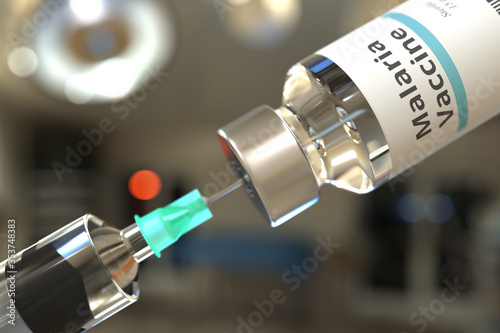 Medical bottle with malaria vaccine and syringe or doctor, 3D rendering photo