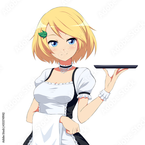 Young anime waitress with a tray